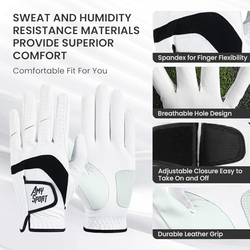 Amy Sport Golf Gloves Men Right Handed Golfer Left Hand 1 or 3 Pack PU Leather All Weather Grip Soft Breathable Flexible f...
