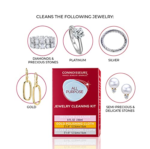 CONNOISSEURS All-Purpose Jewelry Cleaning Kit - Includes Delicate Jewelry Cleaner Solution and 2 Polishing Cloths