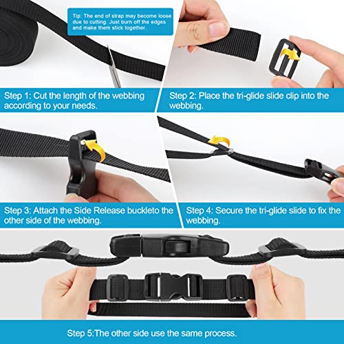 Phinus Buckle Straps 1 Inch, Webbing Straps Polypropylene 11 Yards, 6 PCS Adjustable Side Release Plastic Buckles, 12 PCS ...