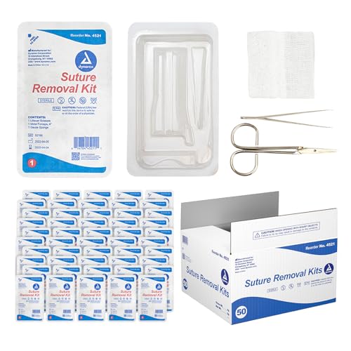 Dynarex Suture Removal Kits, Sterile, Acts as a Staple and Suture Extractor for a Near Painless Experience, Includes Littauer Scissors, Gauze Sponge, and 4" Metal Forceps, Case of 50