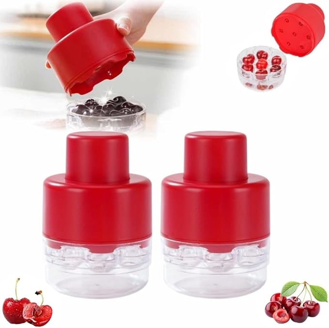 Cherry Pitter Tool Pit Remover, 2025 Upgraded 7-in-1 Portable Cherry Core Remover Stoner Pitter Quick Release, Multiple Corer Tool for for Kitchen, Cake Shop, Fruit Salad (Red 2PCS)