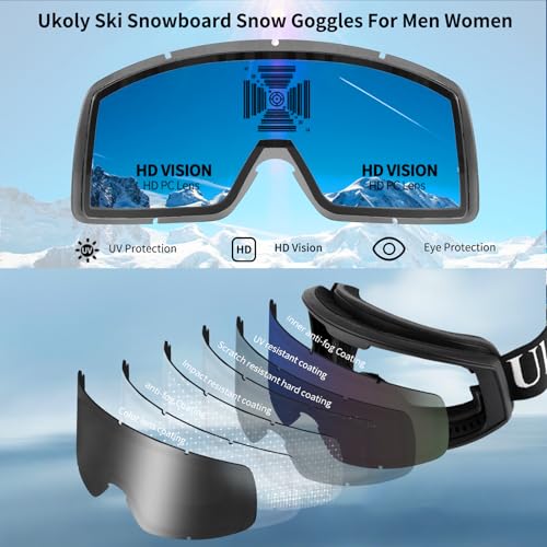 Ukoly Ski/Snowboard Goggles for Men Women, Snow Goggles HD Lens Anti-Fog Coating OTG Design UV400 Protection Windproof