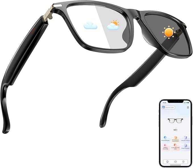 AI Translation Glasses, Support 169 Languages Real-Time Translation Powered By APP, Open-Ear Sound Mic & Speakers, Color-C...