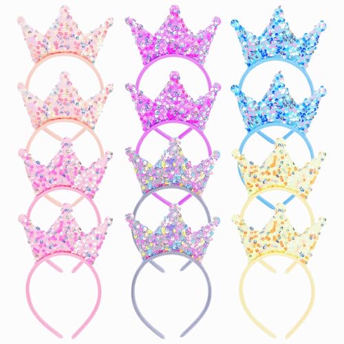 Acshio 12 Pack Princess Crown Headband, Glitter Sequin Crown Headband, Shiny Tiaras and Crowns Hair Accessories for Birthd...