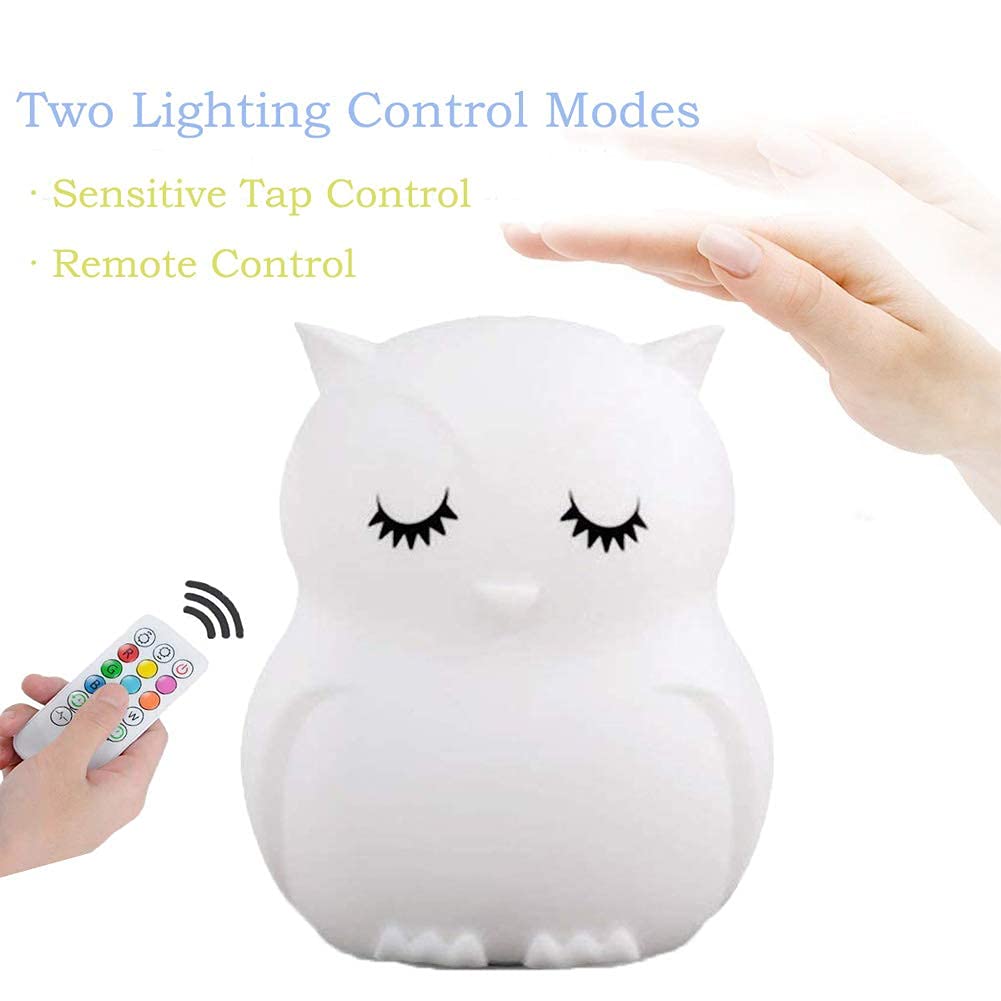Tekemai Big Size Owl Night Light for Kids, Silicone Bedside Lamp, Multicolor, Remote Control, Adjustable Brightness, White, Model TC859-8