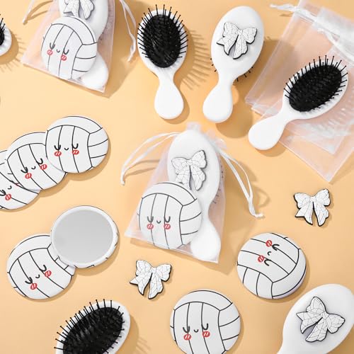 Wonderjune 12 Set Mini Hair Brush Bulk Compact Mirror with Bags Sports Party Favor Team Gift for Women Curly Thick Straigh...
