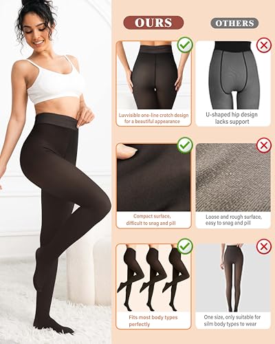 Unesmaro Women's Thermal Fleece Lined Tights, Translucent Skin Tone Pantyhose Style Leggings for Winter Warmth