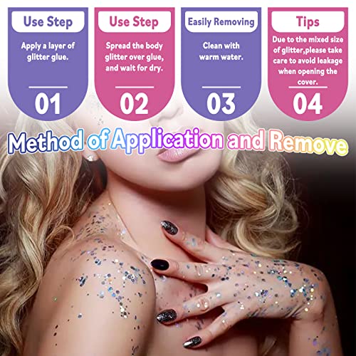 Laza Body Glitter, 2 Jars Holographic Chunky Sequins with Glitter Glue Perfect for Women Eyeshadow Makeup Face Paint Festi...