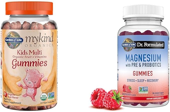 Garden of Life Organic Kids Fruit Gummy Vitamins 120ct & Magnesium Citrate Gummies for Stress Support 60ct