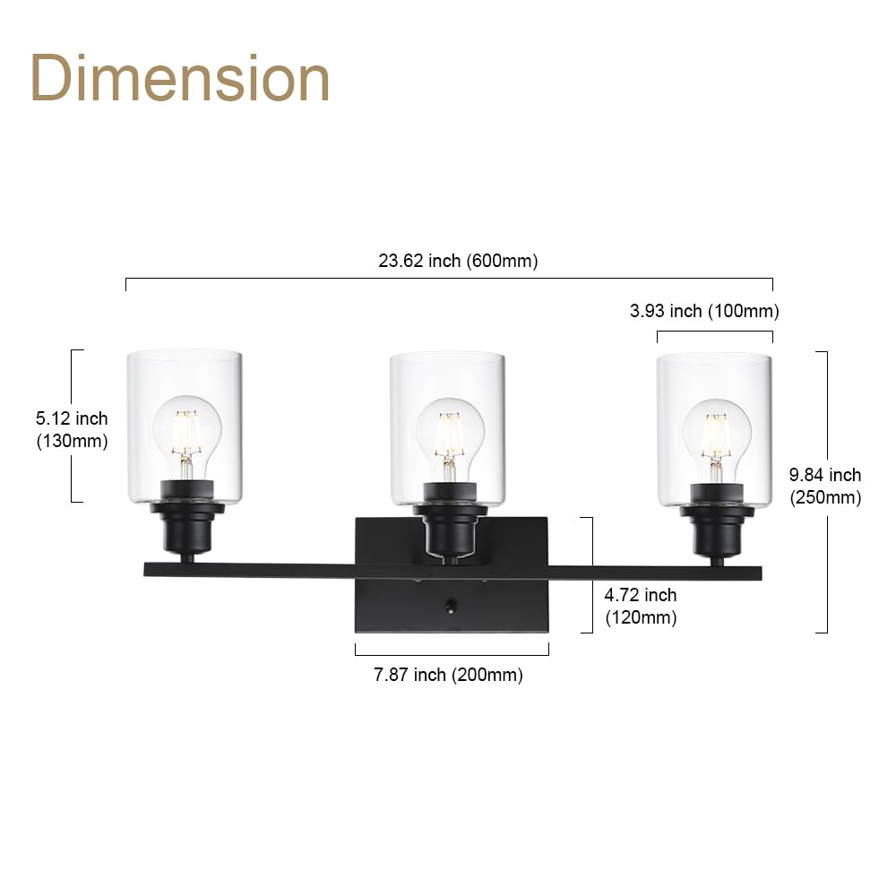 Vinluz Matte Black Vanity Light For Bathroom 3 Light Farmhouse Indoor Bathroom Lighting Fixtures Over Mirror With Clear Glass Shade For Dressing Table