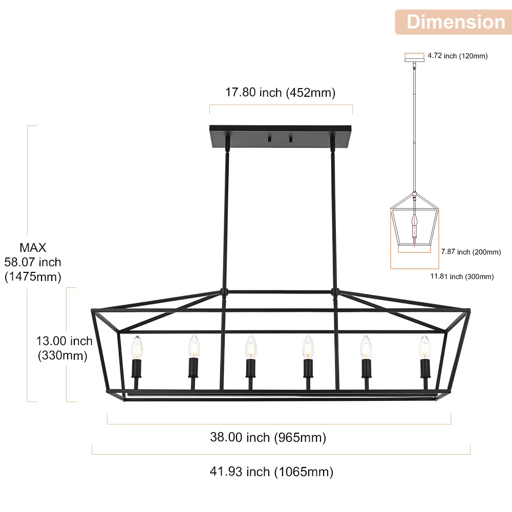 Winshen 6-Lights Kitchen Island Pendant Lighting In Black Finish  42-Inches Width Farmhouse Light Fixtures Ceiling Hanging For Dining Room Pool Table