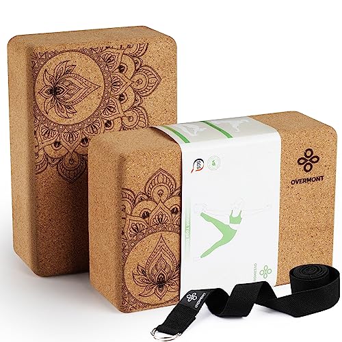Overmont Cork Yoga Blocks 2 pack with 8ft Strap Natural Cork Bricks- High Density & Eco Friendly Yoga Accessories for Wome...