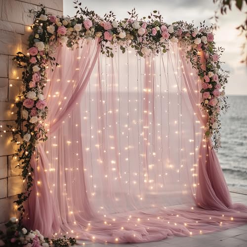 Xiomot Tulle Backdrop Curtain with Lights String 10FT X 10FT Dusty Rose Sheer Tulle Backdrop Curtains for Wedding Birthday...