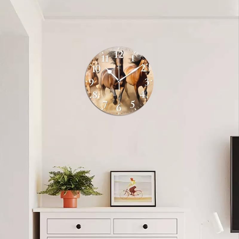 Horses Wall Clock Non-Ticking Silent Clocks Battery Operated Analog Decor Clock for Home-Horses Running Through The Desert Dust Flying(10inch)