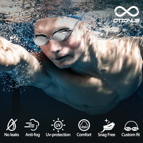 Otionus Swim Goggles for Adult Men Women Youth, Bungee Strap Swimming Goggles No Hair Pulling Mirrored/Clear Lens Goggles