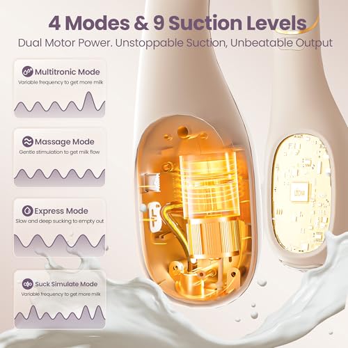 Neck Breast Pump Hands Free, Wearable Breastfeeding Pump with Hospital-Grade Suction, 4 Modes & 9 Levels, Portable Electri...