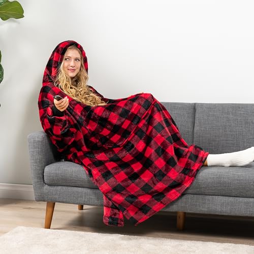 PAVILIA Blanket Hoodie for Women Red, Sherpa Wearable Blanket Men, Cozy Oversized Sweatshirt Blanket, Warm Fleece Hooded B...