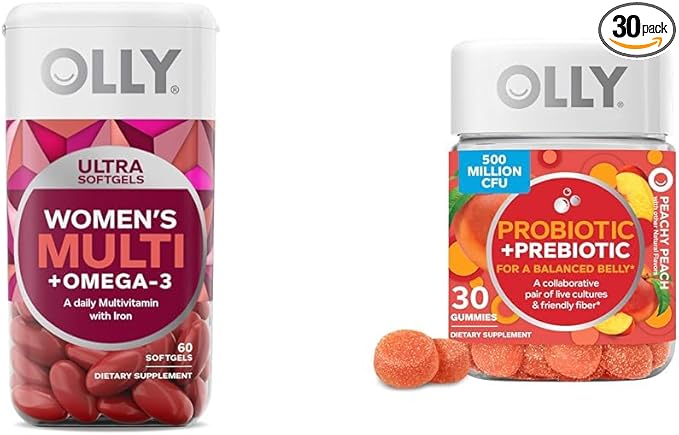 OLLY Ultra Women's Multi Softgels & Probiotic + Prebiotic Gummy, Digestive Support and Gut Health, 500 Million CFUs, Fiber, Adult Chewable Supplement for Men and Women, Peach, 30 Day Supply - 30 Count