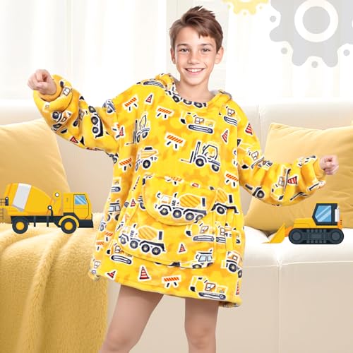 OHOIT Excavator Wearable Blanket Hoodie for Kids 6-10 YR - Glow in The Dark Truck Blanket with Oversized Pocket - Construc...