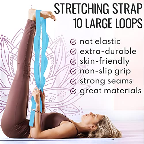 TECEUM Stretching Strap for Yoga & Physical Therapy – 10 Loops – Non-elastic Leg Stretch Straps for Stretching, Exercisin...
