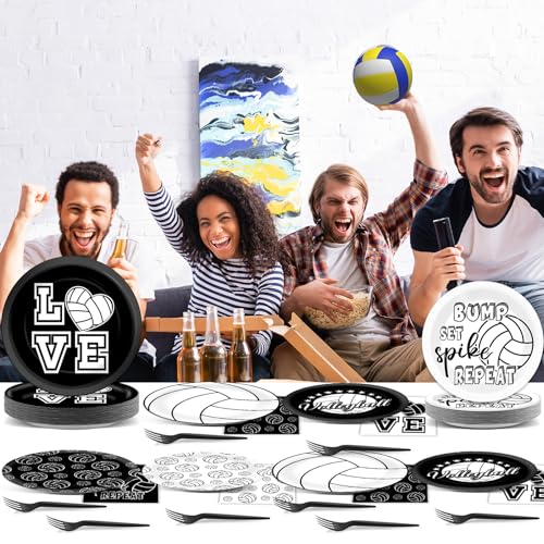 96Pcs Volleyball Birthday Party Decorations Volleyball Paper Plates Napkins Sports Themed Dessert Cake Tableware Set Black...
