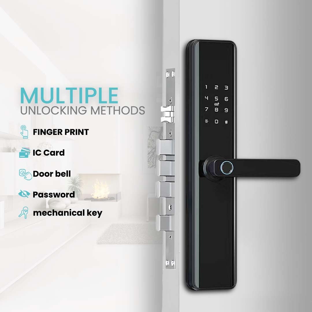 Smart Door Lock with Handle |Touchscreen Keypad & Doorbell | Keyless Entry (Fingerprint, Passcode, Key Access & WiFi Tuya App Control), Alexa, Waterproof, Electronic Deadbolt for Front Doors, Black