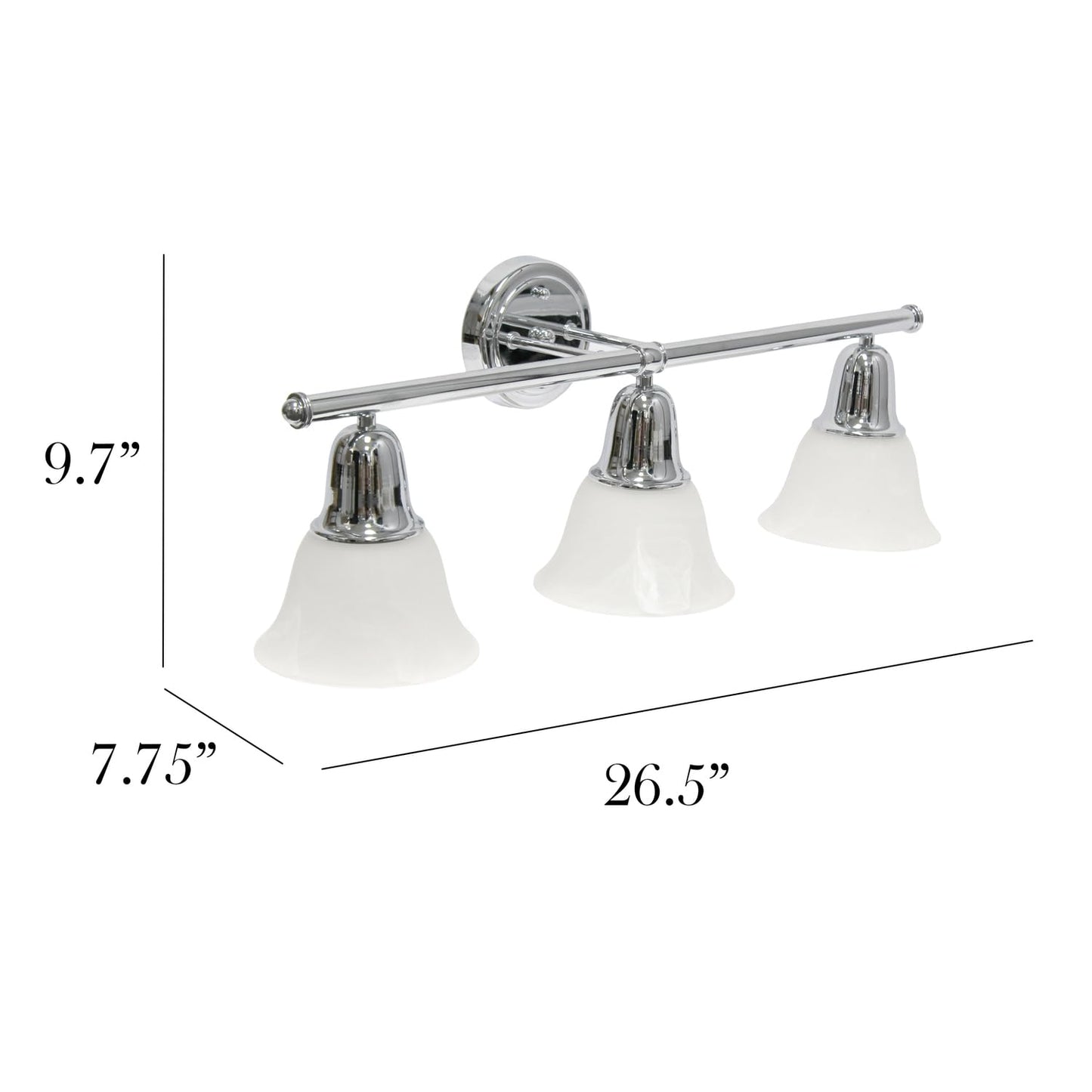 Simple Designs VT1027-CHR 3-Light Wall Mounted Vanity Fixture, Chrome, Metal, Frosted Marble Glass Shades, 26.5in for Bathroom and Entryway