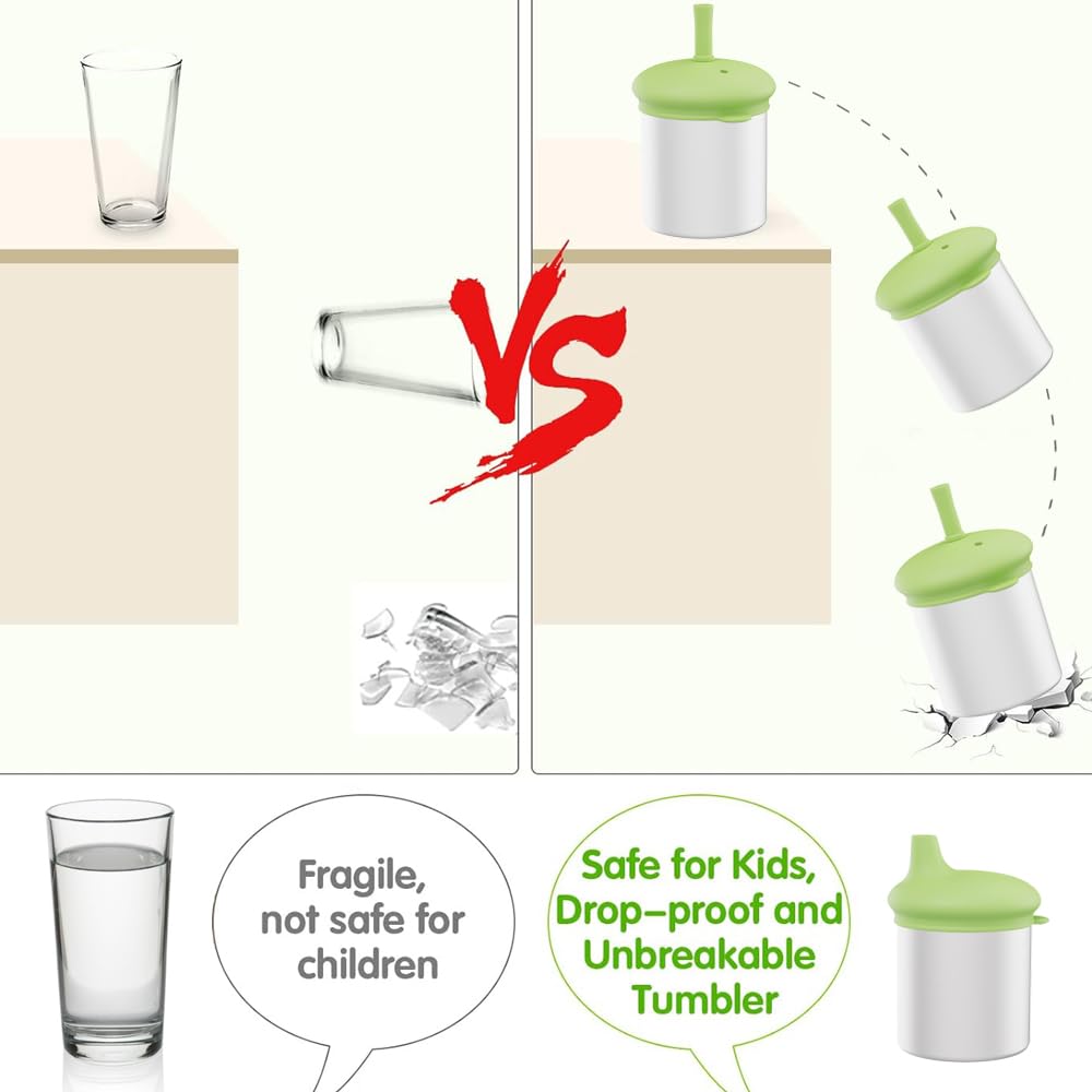 MYCOKI SP Baby Sippy Cup, Double-walled Stainless Steel Kid Mug, Silicone Break Resistant Straw Lid for Infants 6-12 Month Toddlers 1-3 Year Kids, 200ml Kid Water Drinking Cup (Green, 1pc)