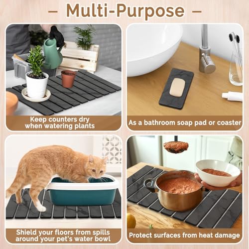 Large Stone Dish Drying Mat for Kitchen Counter,2 PCS Quick Dry Stone Dishes Mats,Foldable Water Absorbing Diatomaceous Ea...