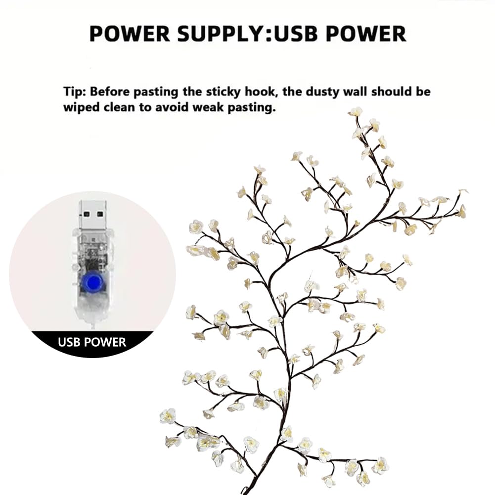 White Cherry Blossom Lights For Wall 3.94 Ft 48Leds Tree Branch Lights With Remote And 8 Lighting Modes Cherry Blossom Garland Vine Light For Bedroom Indoor Wall Wedding Christmas Decor