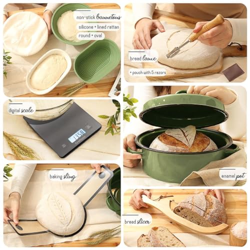 All-Inclusive 𝗣𝗥𝗘𝗠𝗜𝗨𝗠 Sourdough Starter Kit with Pot, 34 Oz Starter Jar, 4 Banneton Bread Proofing Baskets, Scrape...