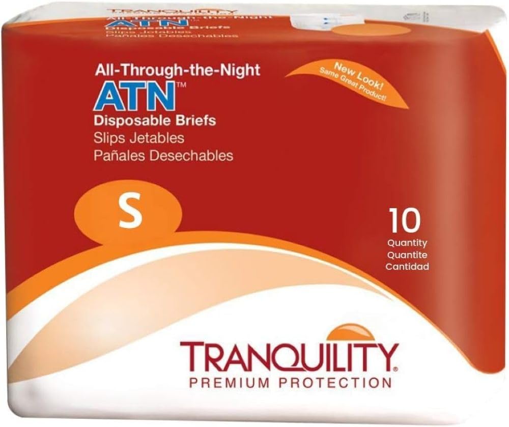 Tranquility Premium ATN Disposable Briefs with Tabs, Overnight Protection Superabsorbent Core for Leak-Free and Full-Fit Comfort, Small 100ct Case