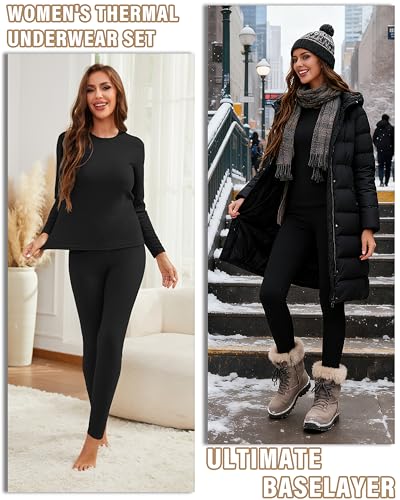 HeliosCloak 2 Sets Thermal Underwear for Women Long Johns With Fleece Lined Long Sleeve Top & Bottom Base Layer Cold Weather