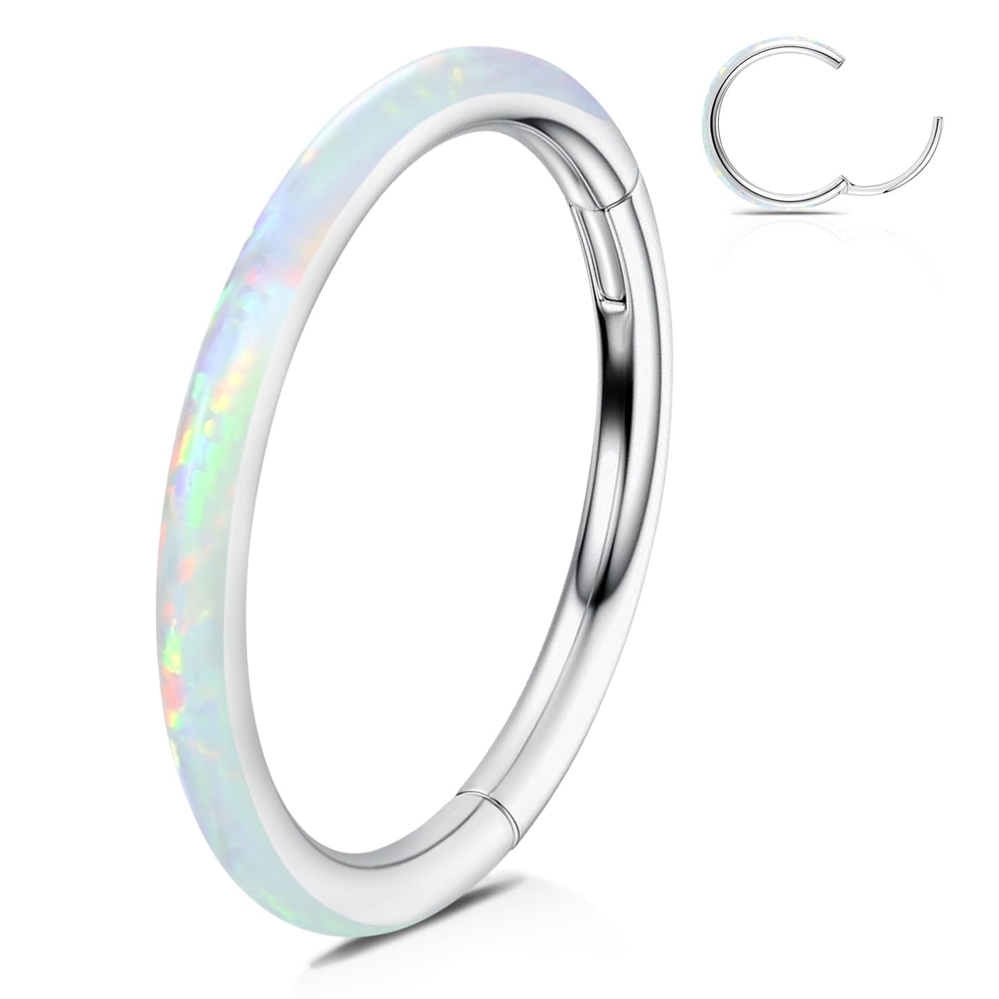 WBRWP 316L Surgical-Steel Hinged Nose Rings Hoop with White Opal 20G(0.8mm) Unisex Septum Clicker Helix Cartilage Body Piercing