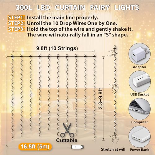 HXWEIYE 300LED Fairy Curtain Lights, 9.8x9.8Ft USB Plug-in 8 Modes Christmas String Hanging Lights with Remote for Bedroom...