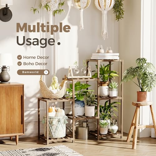 Bamworld Plant Stand Indoor Plant Shelf Outdoor Wood Plant Rack for Multiple Plants 3 Tiers Ladder Plant Holder for Living...
