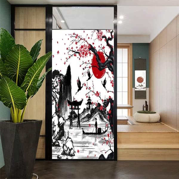 Vintage Japanese Style Decorative Window Film Abstract Ink Japanese Landscape Torii Gatekids Blackout Window Film,Cafe Lighted Window Film 23.6Wx35.4L-Inch X1Pcs