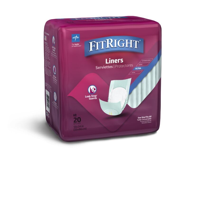 Medline FitRight Plus Liners, Heavy Absorbency, 13 x 30, 4 packs of 20 (80 total)