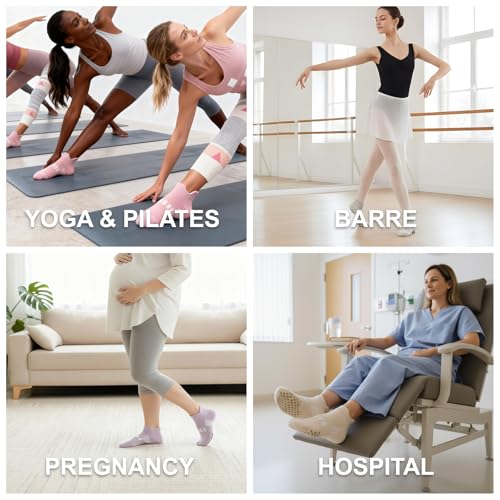 musesox 4 Pairs Non-Slip Pilates Socks for Women with grips,Grippy Ankle Socks for Yoga,Barre,Hospital,Gym,Dance