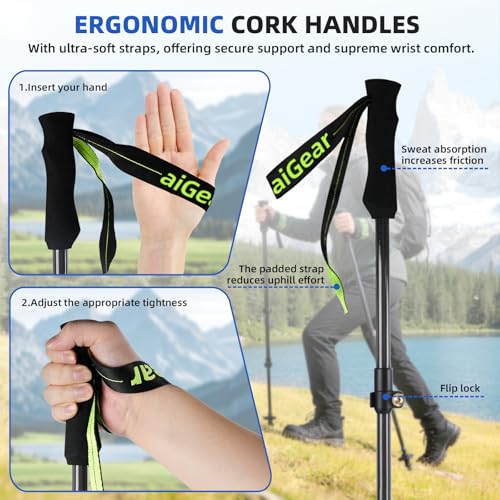 aiGear Carbon Fiber Trekking Poles, Ultra Strong Lightweight Collapsible Hiking Poles with Cork Grips Quick Flip Locks & A...