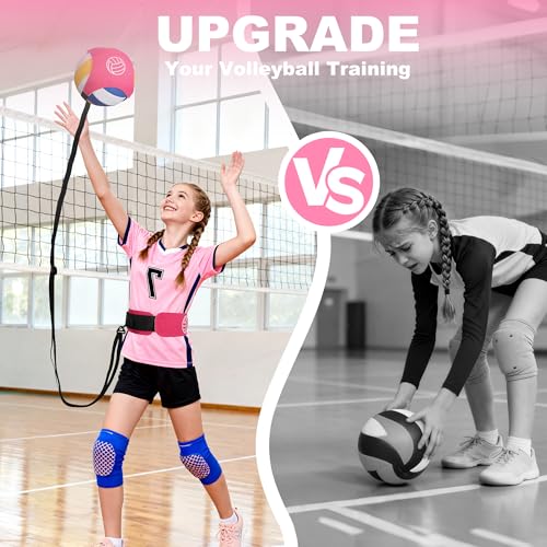 HLXDV Volleyball Training Equipment (No Ball Included): 6-Piece Pink Solo Volleyball Trainer Set with Training Cards for S...