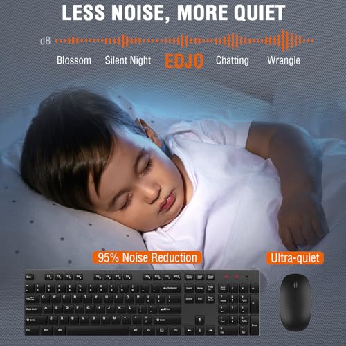 Wireless Keyboard and Mouse Combo, EDJO Silent Full Size Cordless USB Keyboard Mouse, 2.4GHz Lag-Free, Long Battery Life, ...