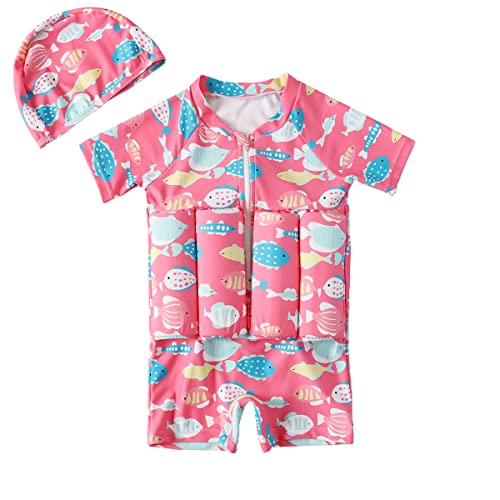 Digirlsor Baby Toddler Girls Boys Float Suit One Piece Rashguard Cartoon Short Sleeve Zip up Buoyancy Swimsuit +Cap Pink, ...