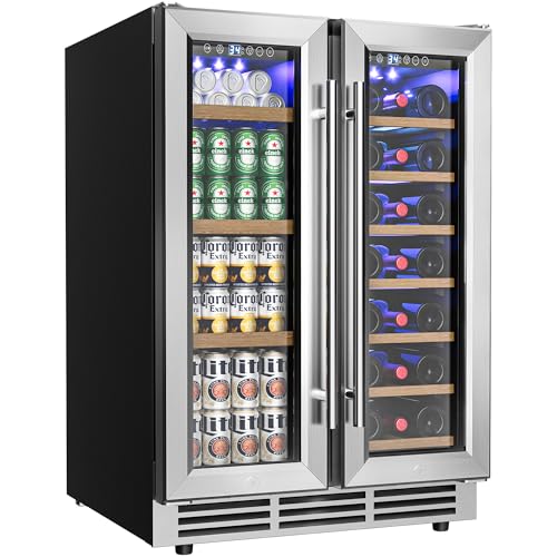 EUHOMY Wine and Beverage Refrigerator, 24 Inch Dual Zone Wine Cooler with Glass Door Hold 21 Bottles and 88 Cans, Built in...