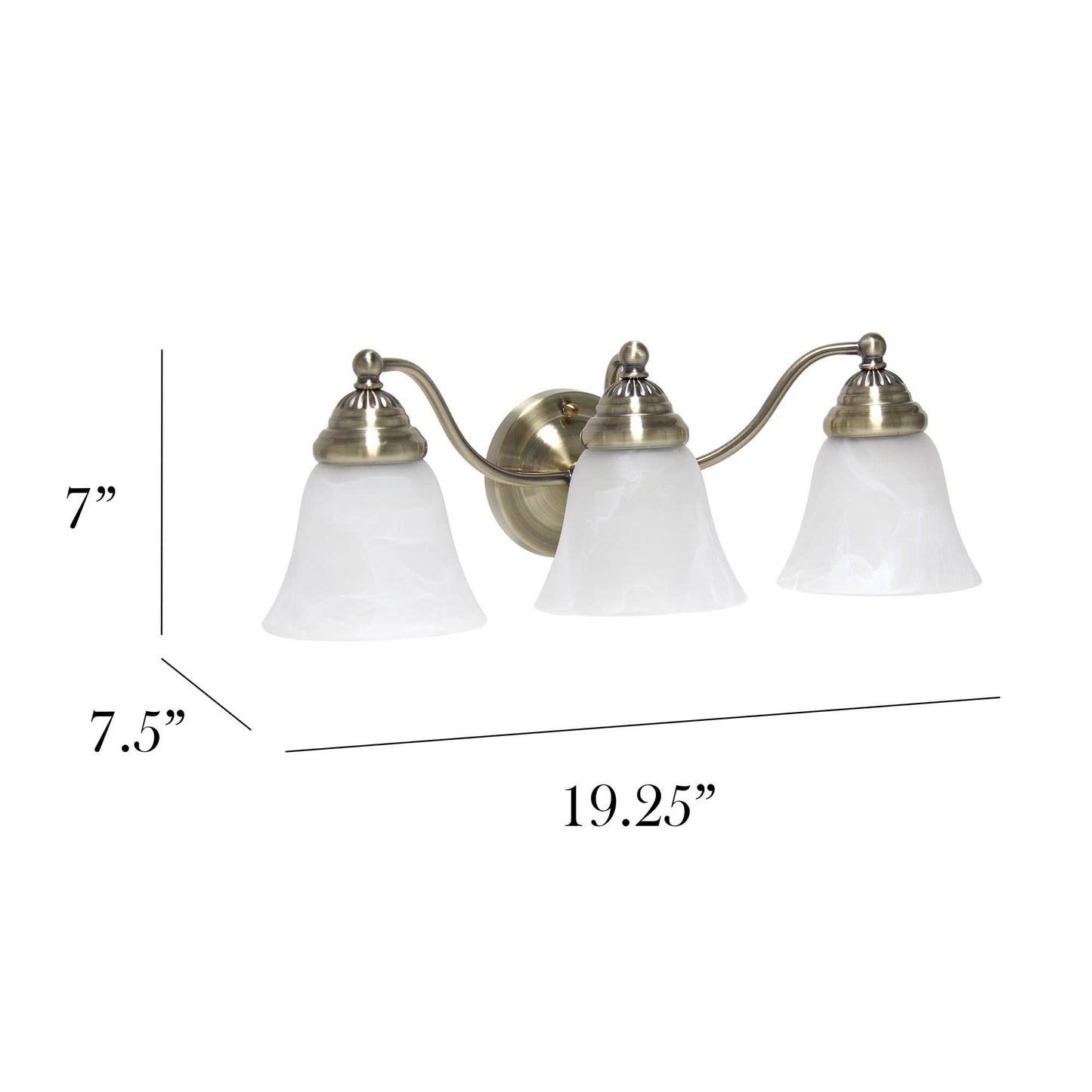 Simple Designs Vanity Fixture - 3 Light Metal with Frosted Marble Glass Shades - Antique Brass - Model VT1023-ABS - 19.25in Width