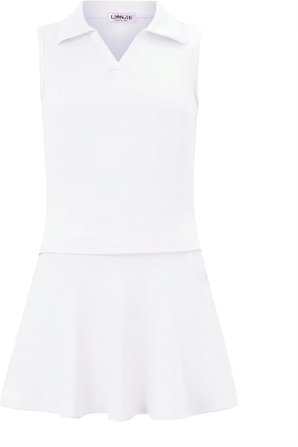 Kids Girls Tennis Golf Dress Outfit Sleeveless Dress with Pockets Athletic Skorts and Polo Tank Top Sets