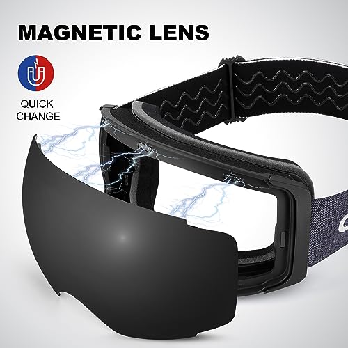 Odoland Magnetic Interchangeable Ski Goggles with 2 Lens, Large Spherical Frameless Snow Snowboard Goggles for Men Women