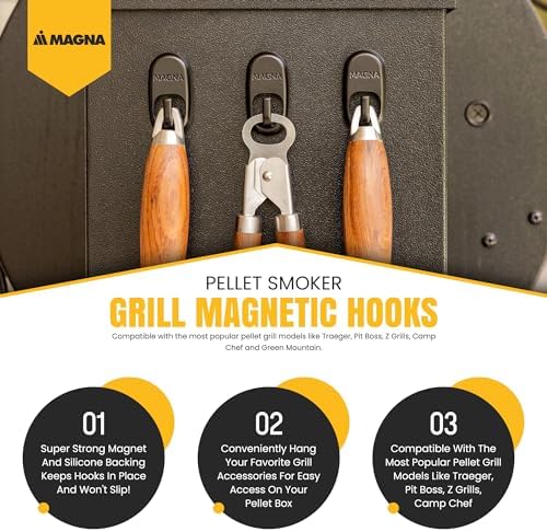 Pellet Smoker Grill Magnetic Hooks 3 Pack - Attach to Pellet Hopper to Hang Your Grilling Utensils and Accessories from - Compatible with Pellet Smokers Like Traeger, Pit Boss, Z Grills, Camp Chef