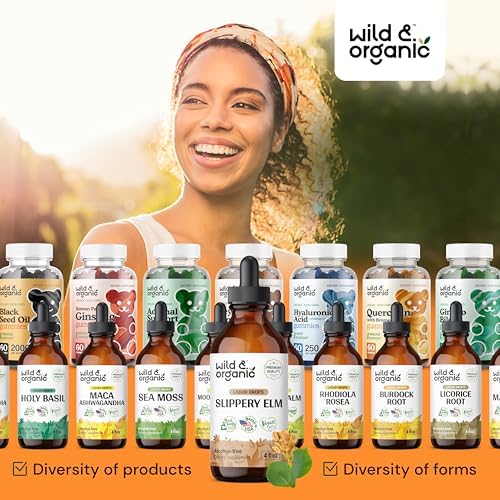 Wild & Organic Slippery Elm Liquid Drops - Lung, Digestive & Women's Support - Slippery Elm Bark Extract Tincture - Ulmus Rubra Supplement - Vegan, Sugar & Alcohol-Free - 4 fl oz