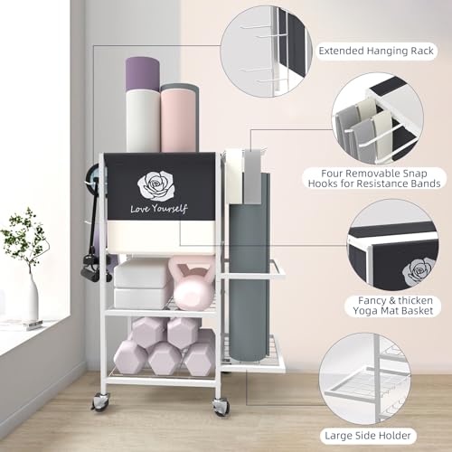 Yoga Mat Storage Rack，Home Gym Storage Rack Gym Workout Equipment Storage Organizer Fitness Weight Rack on Wheels for Yoga...